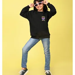 NUSYL Fleece Full Sleeves Smile Now Text Printed Oversized Sweatshirt - Black image 4