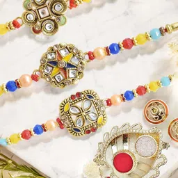MEIRA JEWELLERY Set Of 3 Stone-Studded & Beaded Rakhi With Greeting Card Gift Set-picture-11
