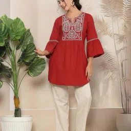 Nayam By Lakshita Rust Cotton A-Line Embroidered Kurtis image 5