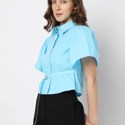 Vero Moda Blue Cotton Regular Fit Crop Shirt image 3