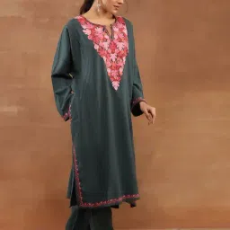House Of Chikankari Grey Wool Regular Fit Embroidered Long Kurta image 3