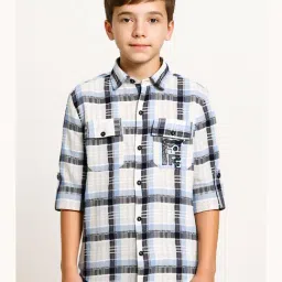 Cavio Boys Blue Cotton Chequered Comfort Fit Shirt-image-3