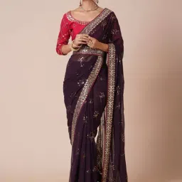 Saree Mall Maroon Embellished Sarees With Unstitched Blouse-image-94