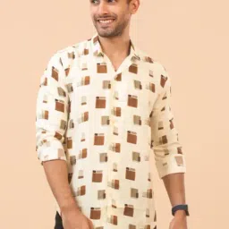 The Bleu Label Cream Cotton Slim Fit Printed Shirt-image-65