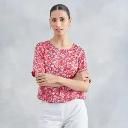Fabindia Women's Red Printed Round Neck Elbow Sleeves Top-image-7