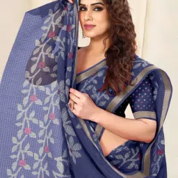 MIRCHI FASHION Navy Floral Print Saree With Unstitched Blouse Piece image 5