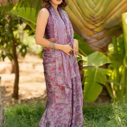 Mirchi Fashion Wine Chiffon Floral Saree With Unstitched Blouse image 4