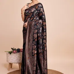 NIWAA Women Ethnic Motifs Woven Design Zari Banarasi Saree With Blouse Piece-picture-10