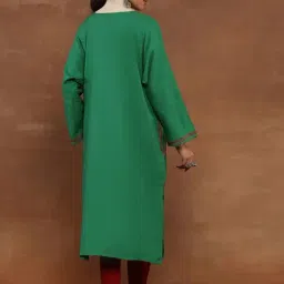 House Of Chikankari Green Wool Regular Fit Embroidered Long Kurta image 2
