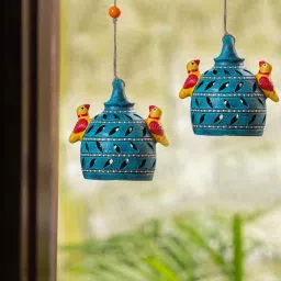 ExclusiveLane Beautiful Birdies Multicolor Terracotta Garden Decorative Hanging - Set of 2 image 1