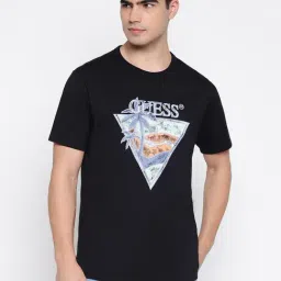 Guess Summer Triangl Mid Organic Stream Jet Black Tropical With Logo Round Neck Regular Fit T-Shirt-picture-20