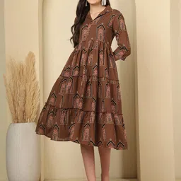 KEIYONA Women Ethnic Motifs Printed Tiered Roll-Up Sleeves Cotton Fit & Flare Dress-picture-22
