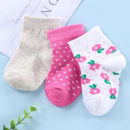 Cute Walk by Babyhug Ankle Length Antibacterial Socks Floral And Pattern Design Pack Of 3 - Pink White-picture-7
