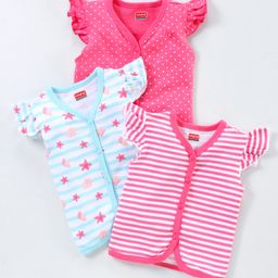 Babyhug 100% Cotton Flutter Sleeves Polka Dots Print & Striped Vest Pack of 3 - Multicolour-image-91
