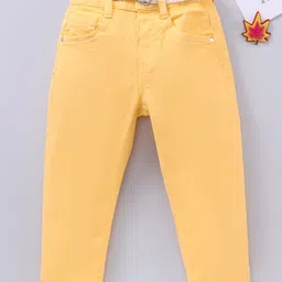 Babyhug Full Length Washed Solid Colour Jeans With Belt  With Mock Fly  - Yellow-picture-15