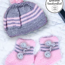 COCOON ORGANICS Handcrafted Soft And Warm Striped Winter Bobble Cap & Socks - Grey & Pink-picture-20