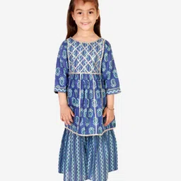 Superminis Three fourth Sleeves Floral Print Kurti Sharara Set - Blue-picture-16