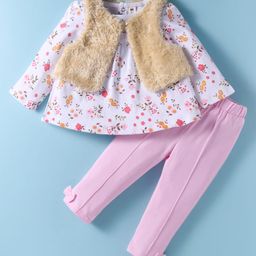 ToffyHouse Interlock Knit Full Sleeves Top & Lounge Pant Set With Floral Print & Fur Shrug - Pink & White-image-70