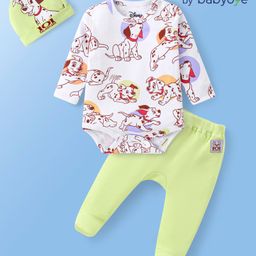 Babyoye Disney Interlock Knit Full Sleeves Onesie Set with Diaper Leggings & Cap with 101 Dalmatians Graphic- White & Green-picture-47