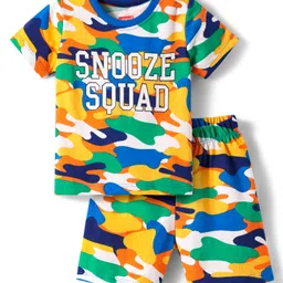 Babyhug Cotton Knit Half Sleeves Co-ords Short Night Suit with Camouflage & Text Print - White-picture-21