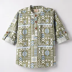 Rikidoos Full Sleeves Abstract Printed Kurta Style Shirt - Olive Green-picture-22