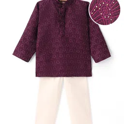 Ridokidz Full Sleeves Floral Embroidered & Foil Printed Kurta & Pyjama Set - Dark Purple-picture-30