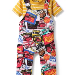 Babyhug Disney Single Jersey Knit Half Sleeve Tee & Dungaree Set with Stripe Design & Disney Pixar Cars Print - Multicolor-image-4