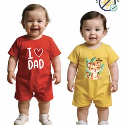 COCOON ORGANICS 100% Cotton Knit Pack Of 2 Half Sleeves I Love Dad & Tiger Printed Romper - Yellow & Red-picture-27