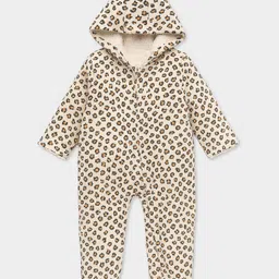 Mi Arcus 100% Cotton Knit Full Sleeves Leopard Printed Ears Designed Hooded Romper - Multi Colour-picture-33