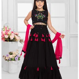 Tiny Kingdom Georgette Woven Sleeveless Floral & Birds Embroidered Lehenga Choli With Dupatta Set - Black-picture-19