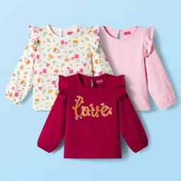 Babyhug 100% Cotton Knit Full Sleeves T-Shirts with Frill Detailing Floral & Glitter Print Pack of 3 - Pink Dark Red & White-picture-19