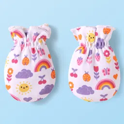 Babyhug 100% Cotton Knit Mittens & Booties Set with Floral & Bee Print - Pink image 2