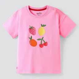 Bonfino 100% Cotton Knit Half Sleeves Oversized T-Shirt with Fruit Embroidery - Pink image 2