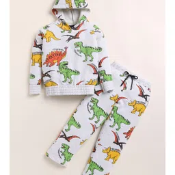 Little Marine Cotton Blend Knit Full Sleeves Dinosaur Printed Coordinating Hooded Sweatshirt With Pajama Set - White image 3