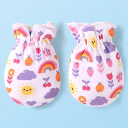 Babyhug 100% Cotton Knit Mittens & Booties Set with Floral & Bee Print - Pink image 3