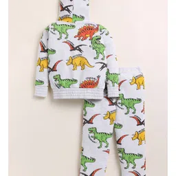 Little Marine Cotton Blend Knit Full Sleeves Dinosaur Printed Coordinating Hooded Sweatshirt With Pajama Set - White image 4