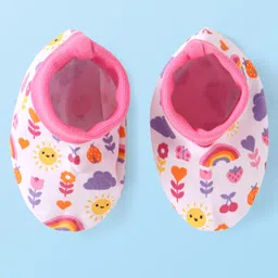 Babyhug 100% Cotton Knit Mittens & Booties Set with Floral & Bee Print - Pink image 4