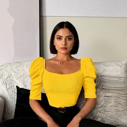 HERE&NOW Women Yellow Solid Polyester Puff-Sleeve Casual Top-picture-14