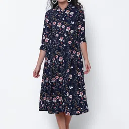 Tokyo Talkies Women Navy Blue Printed Fit and Flare Dress-image-85