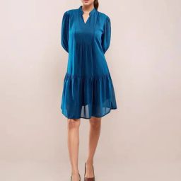 Zink London Blue Polyester Solid Flared Dress-picture-27