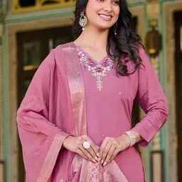 KALINI Women Floral Embroidered Regular Thread Work Raw Silk Kurta with Trousers & With Dupatta image 4