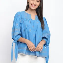Fabindia Blue Cotton Linen Printed Top-picture-16