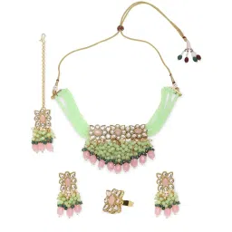 OOMPH Mint Green & Pink Kundan & Beads Necklace Set with MaangTikka & Ring for Women image 2