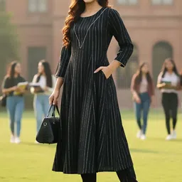 AADVIKA Striped Panelled Round Neck A-Line Kurta With Trousers image 2