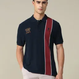 U.S. Polo Assn. Blue Cotton Regular Fit Striped Polo T-Shirt-picture-43
