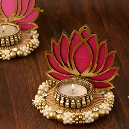 Aapno Rajasthan White & Gold-Toned 2 Pieces Lotus Shaped Metal Candle Holders image 3