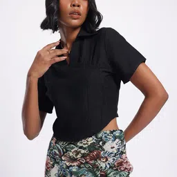 glitchez Vintage Vibes Smocked Back Spread Collar Crop Top image 3