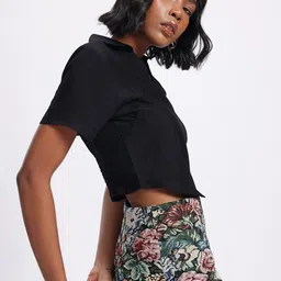 glitchez Vintage Vibes Smocked Back Spread Collar Crop Top image 5