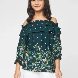 Global Desi Girl Kids Dark Green Floral Print Top image 1