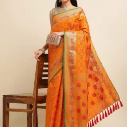FABMORA Orange Woven Saree With Unstitched Blouse image 4